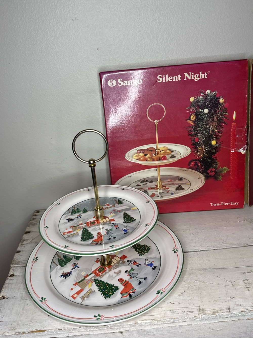 Sango "Silent Night" Two-Tier Holiday Serving Tray - Red/White/Green